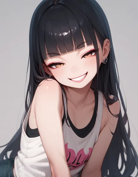 1girl, ,,black hair,long hair,blunt bangs,loli,looking viewer,tank top,sexy,half closed eyes,evil smile,gyaru,