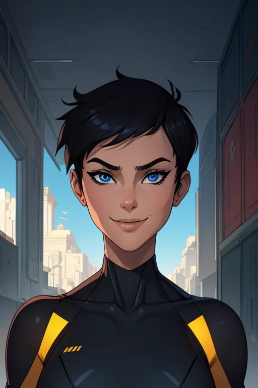 (art, Best quality, absurd, 4K, aesthetics, perfect eyes, perfect face, detailed, complex, Perfect lighting) 1 girl with fair skin, short shaved dark hair, wears all black futuristic bodysuit, queen of an alien race, warrior, gentle smile