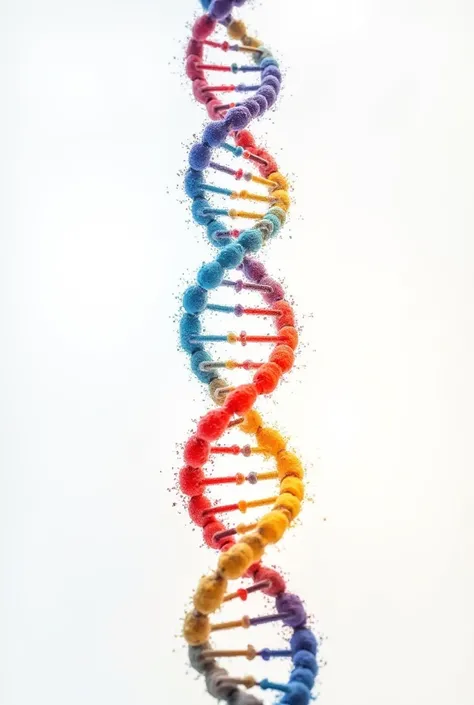 Create a graphic image of DNA in red, blue, and yellow en fond blanc
