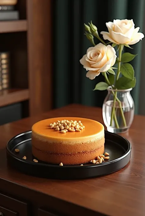  CREATE A CAKE FILLED WITH CASHEW NUTS . PLACED ON A BLACK PLATE .  ON A TABLE WITH A CRYSTAL VASE WITH A WHITE ROSE.  REALISTIC IMAGE.