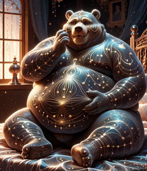 (cute, fat, obese, anthro, male, bear), fullbody, twilight, sit at bed, smile, body in ral-prtclwvz, highly detailed, intricate details, best quality, masterpiece, ambient lighting, detailxl