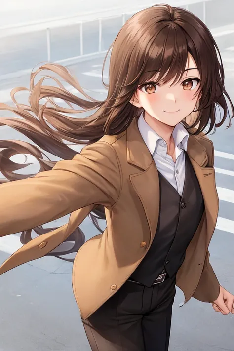  anime style,  perfect face , white collared shirt.  A 22-year-old man with brown hair and a brown coat.  long black pants . Raise an arm high and say goodbye . smile. In the city.