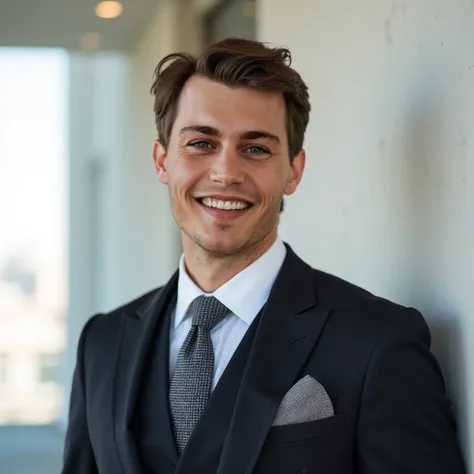  Photo for Snapchat , man,  30 years old, barba,  short wavy hair , Tycoon suit . Background of the image: a white wall with shadow.