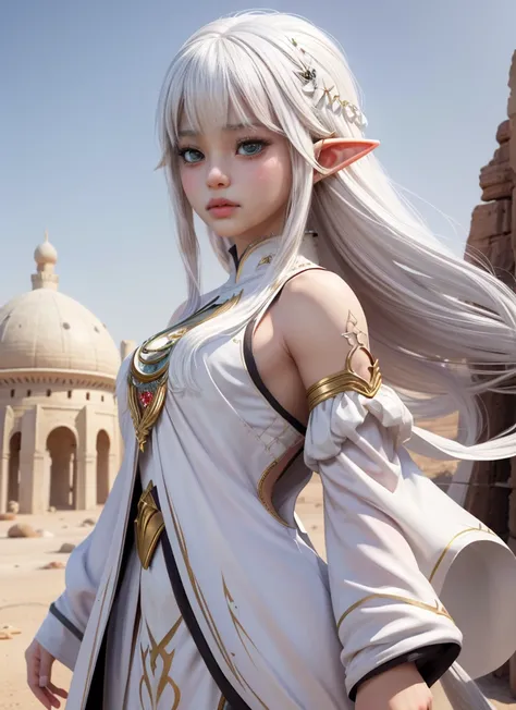 Ariel, Portrait of the upper body, elf,   white hair ,  beautiful ,  cute Arabian clothes , Warrior, Size, fit,   white hair ,   desert background , realistic fantasy ,Conceptual art