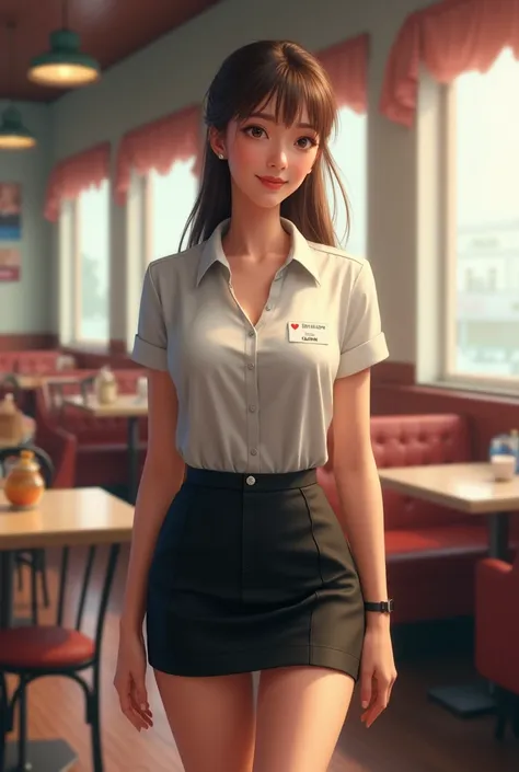 Realistic images of waitress wearing short uniform.