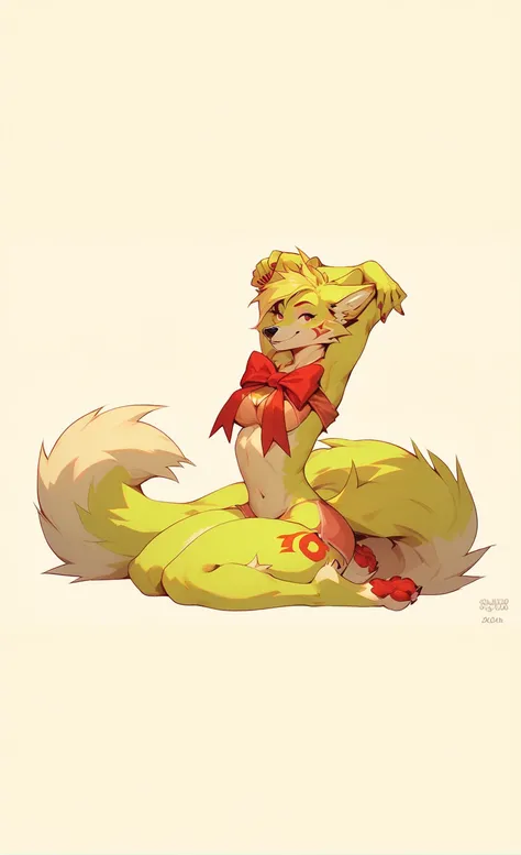 Furry, anthro, wolf, female, yellow fur, red markings, sitting, smile, stretching arms,, red nails, red pawpads, red bow