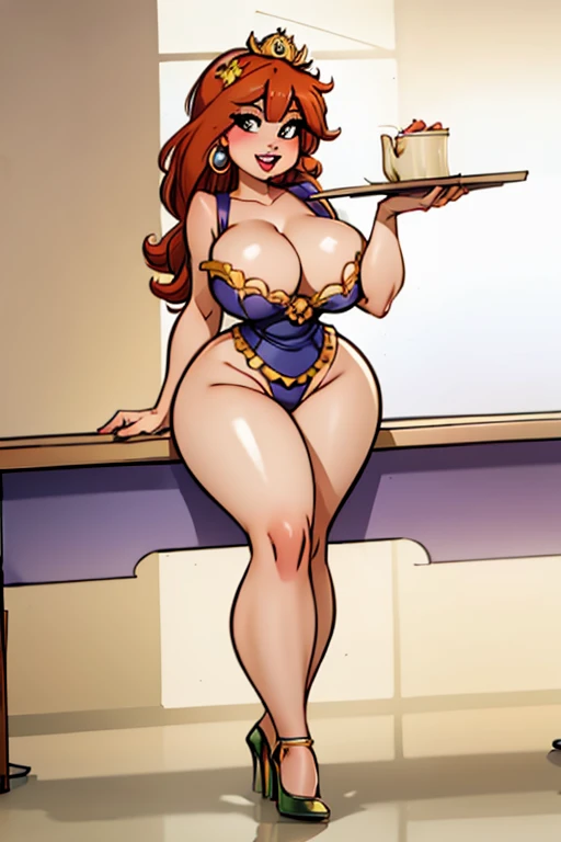 Full body shot, Princess Daisy, curvy thick voluptuous body with large full natural breasts, high heel shoes, sexy pinup style pose on a table