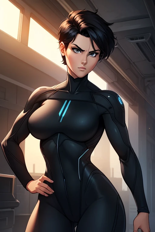 (art, Best quality, absurd, 4K, aesthetics, perfect eyes, perfect face, detailed, complex, Perfect lighting) 1 girl with fair skin, short shaved dark hair, tomboyish hairstyle, wears all black futuristic bodysuit, warrior, Lois Lane, grey eyes