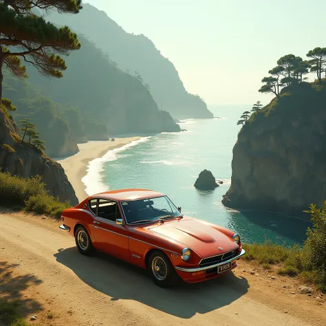  Datsun 610 from 1970 stands on a gravel side by a beautiful cliff, below, a beautiful beige-colored landscape , The coast of the sea,  green trees, rocky protrusion 