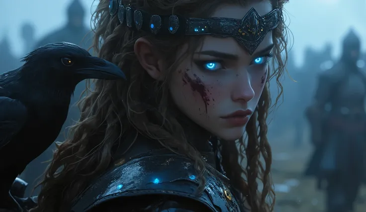 A fierce Viking warrior woman with glowing blue eyes and intricate braided hair, wearing dark, battle-worn leather armor adorned with talismans. Her face is marked with ceremonial war paint and blood, as a raven perches on her shoulder. The misty battlefie...