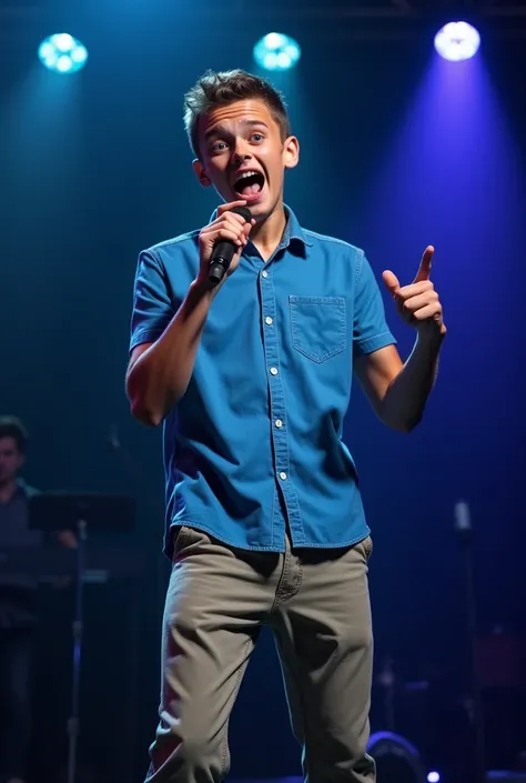 a full body  boy singer in blue shirt comedy