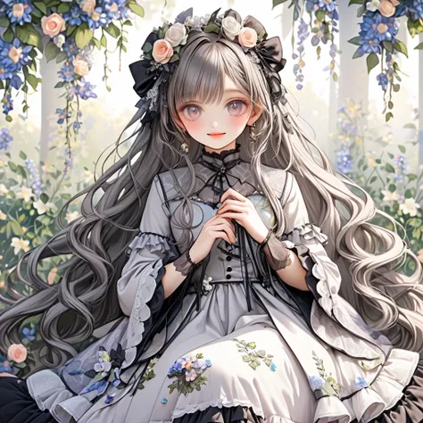 flower hair ornaments,{{タンザナイトカラー dress }}, gray タンザナイトカラー dress ,wide sleeves,floral print sleeves,Gothic lolita、 タンザナイトカラー skirt ,layered skirt,タンザナイトカラー sleeves，Curly long hair，a beauty girl，Fine hands，Fine fingers，(Best Quality)Fine details，There are a...