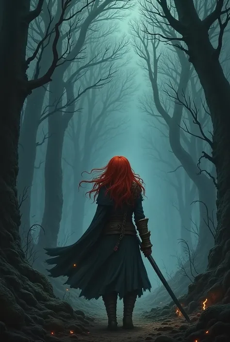 Create a cover about a dark forest and a war with a red-haired girl as the protagonist 