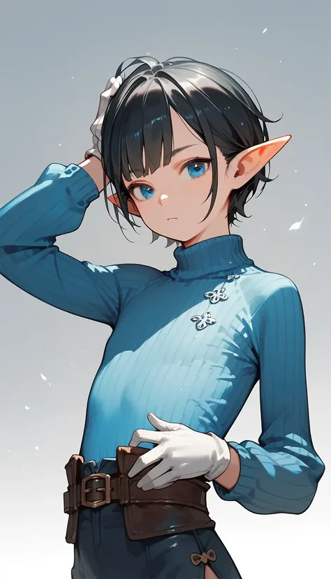 Elf,Short black hair,In blue eyes , wear gloves,blue sweater, flat chest