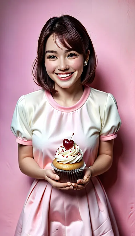 ( best quality , realistic), A woman holding cupcake smiling, aesthetic:0.3