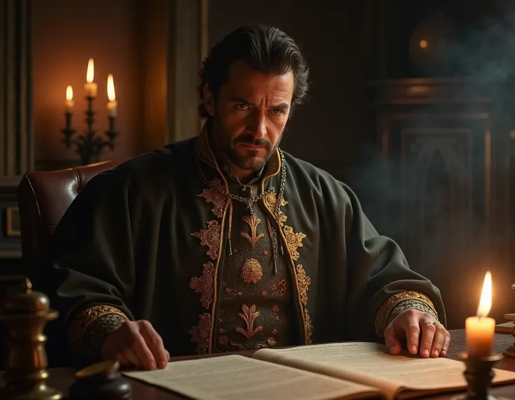 Giovanni di Bicci de Medici, standing resolutely in his dimly lit study, embodies quiet authority and intellectual prowess. His dark eyes, filled with resolve, survey the documents before him as the flickering candlelight catches the intricate gold embroid...