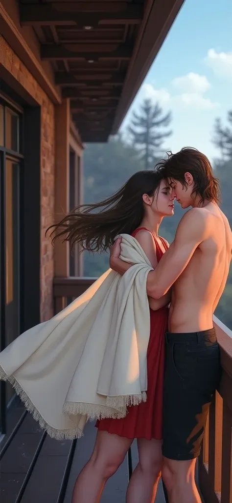 A guy with long hair hugs a girl, theres a white blanket on their shoulders, standing on the balcony