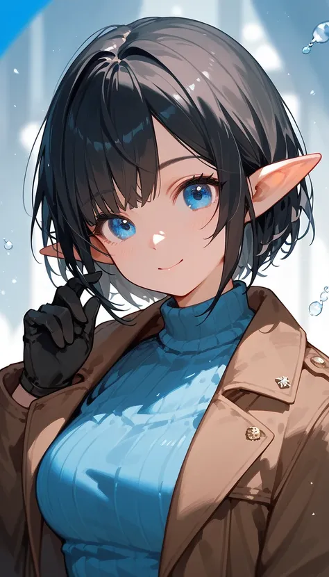 Elf,Short black hair,In blue eyes , wear gloves,blue sweater, Medium Bust ,Brown coat,cute