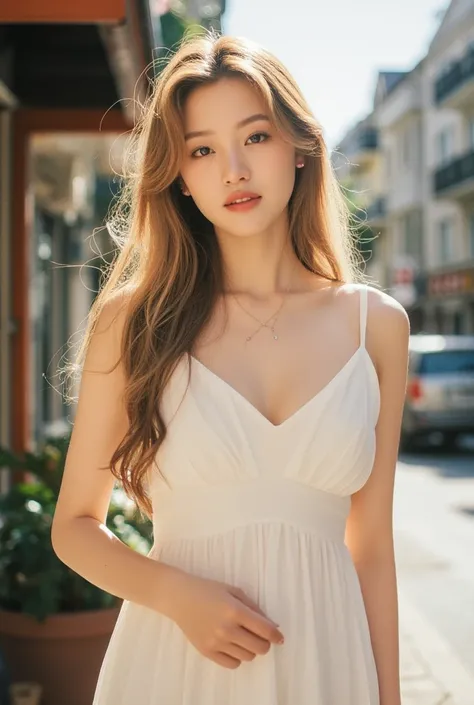 best quality, masterpiece, highres, 1girl, white flared chiffon short dress, smile, closed mouth,lips, blonde long hair, detailed beautiful eyes,detailed eyelash, Beautiful face,upon_body, tyndall effect,photorealistic, rim lighting, two tone lighting,(hig...