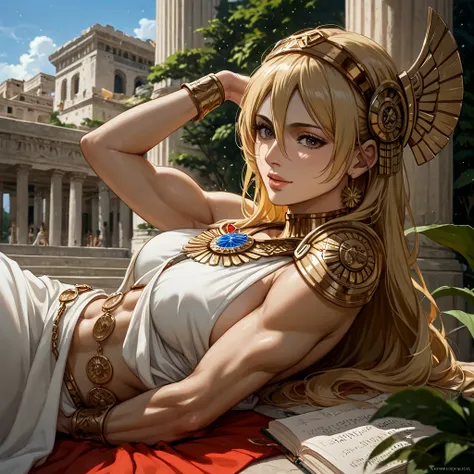 (( top quality)), ((masterpiece)), ( Details), （ perfect face）、 woman who is snuggling up with the king of Zeus is the blond Mikasa Ackerman, who became the goddess Hera in ancient Greek mythology both physically and mentally, and is an ancient Greek templ...