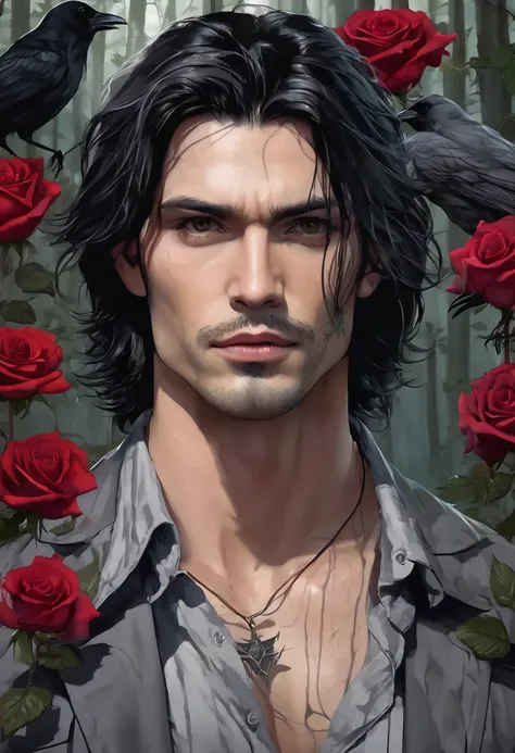 1 man, 35 years old, inside a forest at night, wearing gray clothes, defined body, detailed facial features, dark masculine eyes, detailed fair skin, long messy black hair, tattoo on both arms of roses and crows, strong expression, dramatic lighting, cinem...