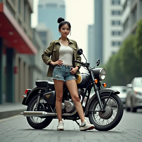 a woman bun black hair, wear t-shirt jacket clothes motifs short trousers, nike shoes, he was standing on footpath, natural, funny, crossed hips, 1940s classic motorcycle vehicle side him, life-like realistic, real human indonesians, 8K UHD, 16K HDR graphi...