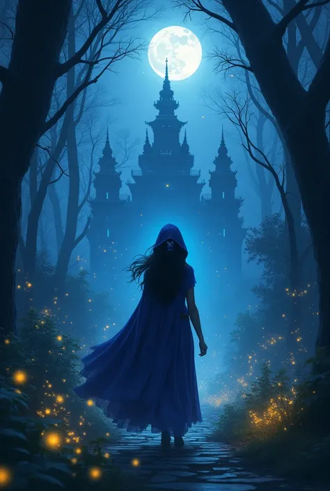 

"Create a magical night scene where Princess Ananya is seen sneaking out of the grand royal palace under the cover of darkness. She wears a flowing cloak over her royal gown, her face partially hidden by the hood, with determination and excitement in her...