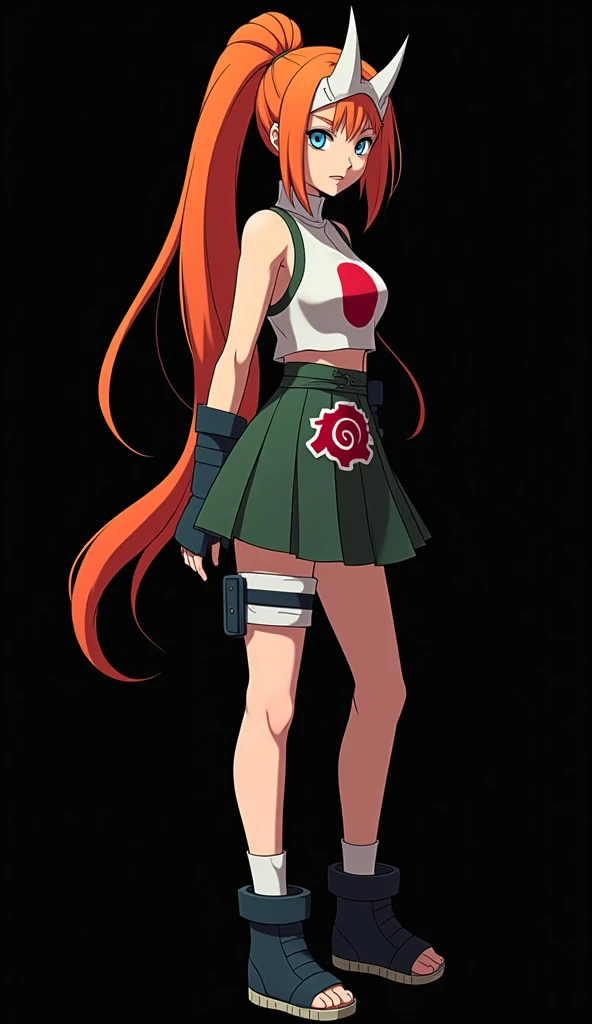 Character created by Masashi Kishimoto (8K image): girl with a slender and beautiful appearance, light skin, full body, fire-colored orange hair and very smooth with two white locks highlighted on the front, similar to those of Rogue from the X-Men, hair t...