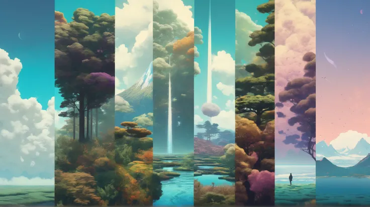 Vertical Landscapes - minimalist psychedelic nature collage art, clear, clean, high resolution, detailed, trending on artstation, Hiroshi Yoshida and Sylvain Sarrailh and N.C. Wyeth and Alena Aenami style