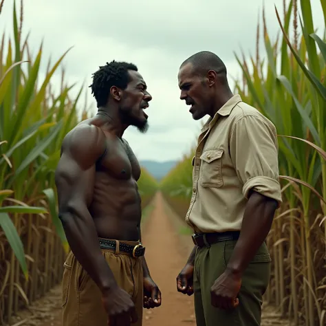  Hyperrealistic photo Digital art high definition 4K 8K quality on a sugar cane plantation, This white man and a black man are arguing