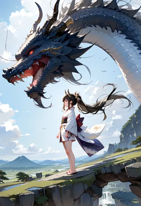 masterpiece, high quality, high resolution, 16K, highly detailed background, digital painting, unreal engine, Makoto Shinkai illustration, hyperrealistic, fantasy, petite girl in kimono, dragon horns, some skin with dragon scales, long eyelashes, beautiful...