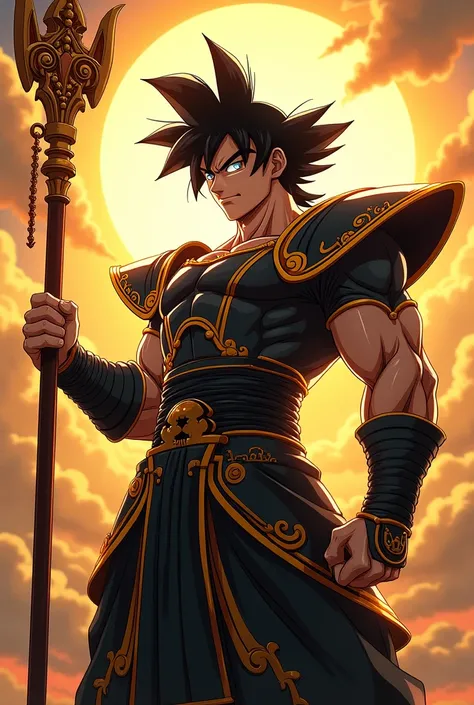 Son Goku with black and gold sun wukong armor, with a staff