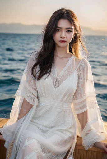 An araffe woman in white dress sitting on a boat in the ocean, a beautiful woman in white, skinny girl in white boho dress, white lace clothing, white hanfu, white lace, dressed in white intricate lace, korean womens fashion model, heonhwa choe, beautiful ...