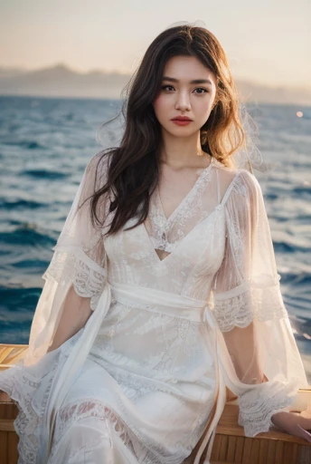 An araffe woman in white dress sitting on a boat in the ocean, a beautiful woman in white, skinny girl in white boho dress, white lace clothing, white hanfu, white lace, dressed in white intricate lace, korean womens fashion model, heonhwa choe, beautiful ...