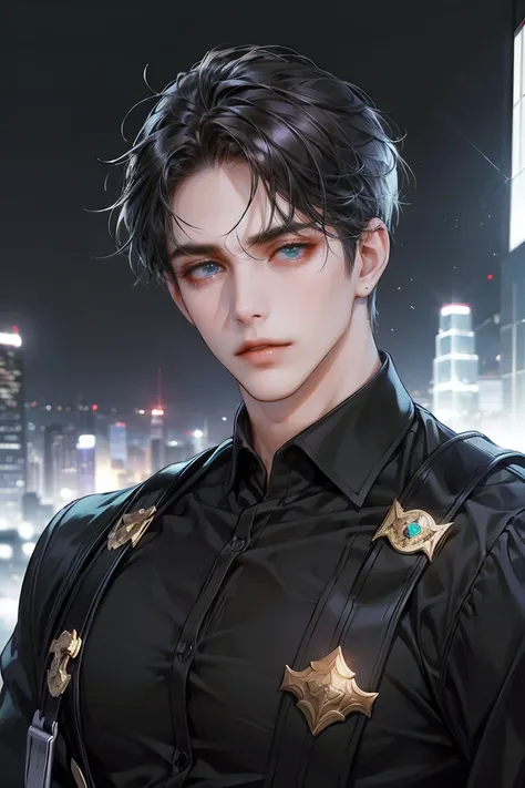 (absurdres, highres, ultra detailed, original character, HDR), 1 boy, solo, adult, handsome, ((tall muscular guy, broad shoulders)), finely detailed eyes, (black hair), hair between eyes, turquoise eyes, holographic, futuristic, casual and sexy outfit, gun...