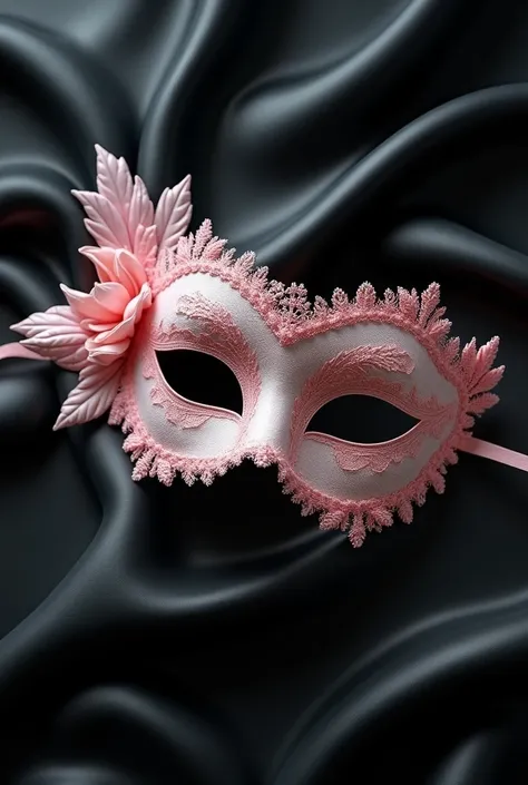 Un masque de dentelle rose posé sur un fond de latex noir brillant sans personne