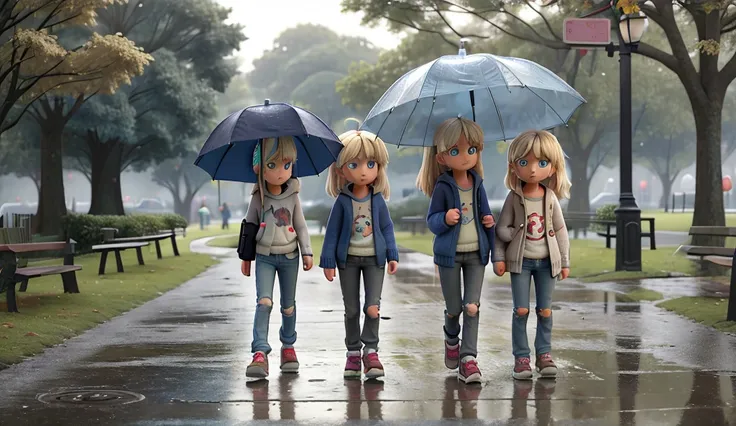 A sick homeless girl is walking in rainy park. Girl is , messy blonde hair, sad blue eyes, ripped gray pants and sweater. Girl is holding broken umbrella with holes. Girl is walking in dark cloudy rainy park. puddles are visible. girl must walk from right ...