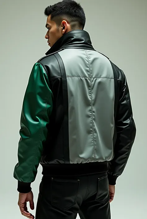  Generate a jacket image on the BACK, gray, with a black arm and a green cardenillo arm 