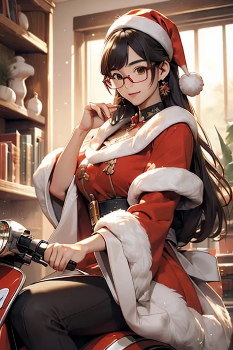 (( top quality)), ((傑 top quality、masterpiece、High sensitivity、 high definition 、 Details、 Delicate Facial Description)), Slender woman、Glasses、 Santa Claus、Vespa、Straddle、