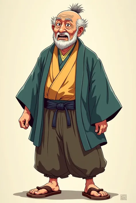 An old man wearing a Japanese costume, the whole shot is from the head of the foot, the body facing the front, the features of surprise appear on his face, his feet, 
 His head turned to the left side, the leg fully exposed to his feet
, cartoons