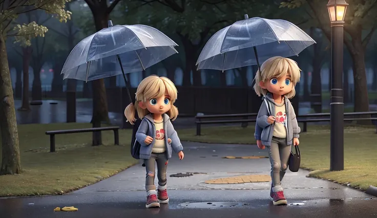 A sick homeless girl is walking in rainy park. Girl is , messy blonde hair, sad blue eyes, ripped gray pants and sweater. Girl is holding broken umbrella with holes. Girl is walking in dark cloudy rainy park at night. puddles are visible. keep depressive a...