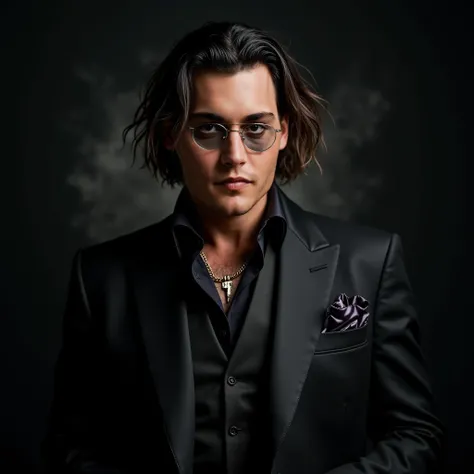 Johnny Deep, barba,  black hair, chic and elegant suit with vest , short wavy hair.  Black image background with a light haze. studio photo,  professional photograph, instagram photo.