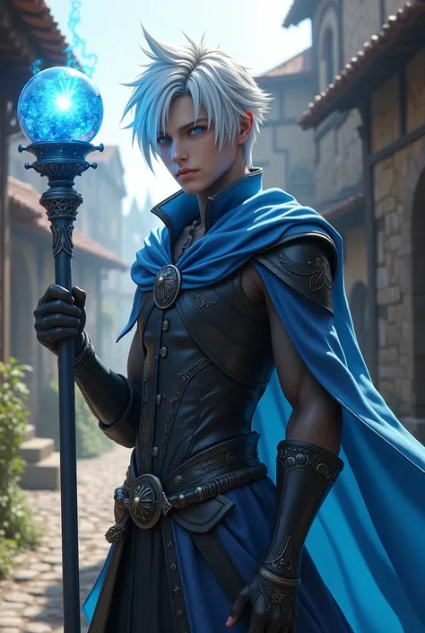 Create final fantasy style: a handsome young boy with short white hair with sparkling blue eyes wearing an arcane metallic vest with black details holding a sparkling blue metallic staff with a blue jewel on the pulsating tip in a medieval village 