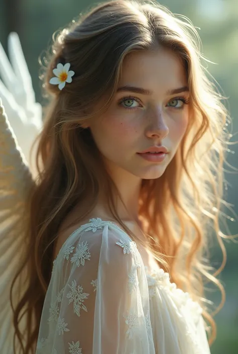 Beautiful girl with long wavy light brown hair above and dark brown below, white bohemian dress with wings