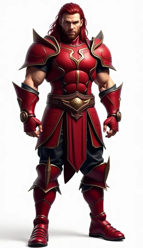 A Very Realistic And Muscular Sexy Warrior Boy With Long And Dark Red Hair And Very Realistic Original And With Beautiful Red Armor Very Realistic And With A Very Realistic Red Warrior Shoe And With A Very Realistic Red Warrior Shoe And With A Very Realist...