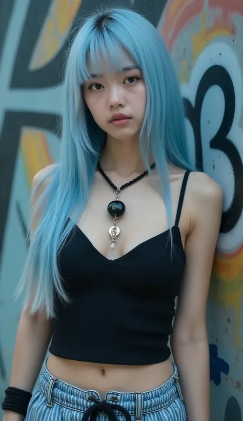 A cinematic medium shot of a young Korean woman with blue white hair that extends down her back. She is wearing an black, ribbed, spaghetti-strap top, ((big breast)) Black necklace, black rope bracelet and blue white drawstring pants. The background is a g...