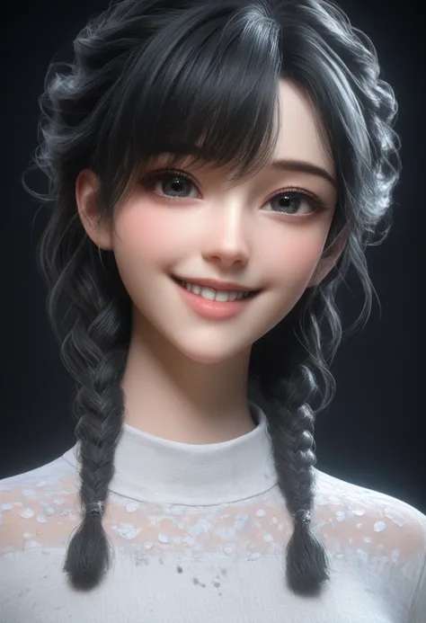 smiling girl fotorealizm błyszcząca skóra , czarne krótkie poszatpane włosy seductive look,there is a digital painting a black and white field, 4k highly detailed digital art, 4k detailed digital art, detailed fantasy digital art, digital art 4k unsettling...