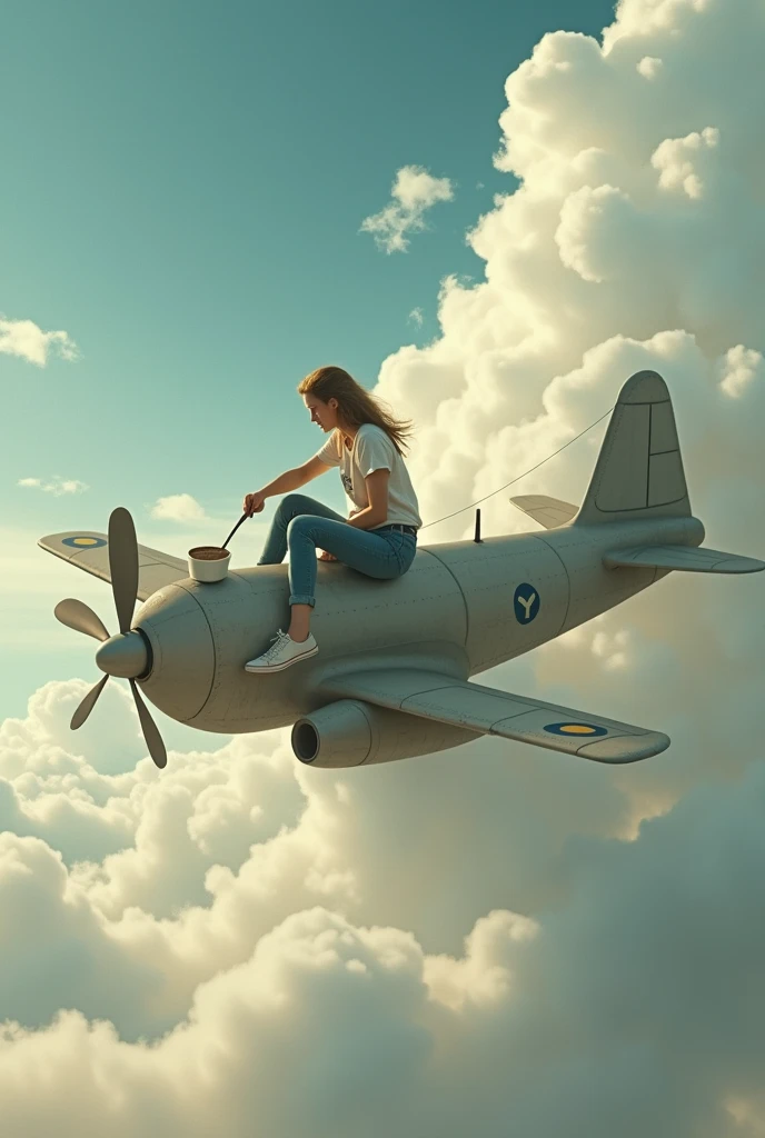 A plane is titing in the sky and a girl in jeans and a shirt is sitting on it and typing clouds into her coffee mug with a huge spoonful