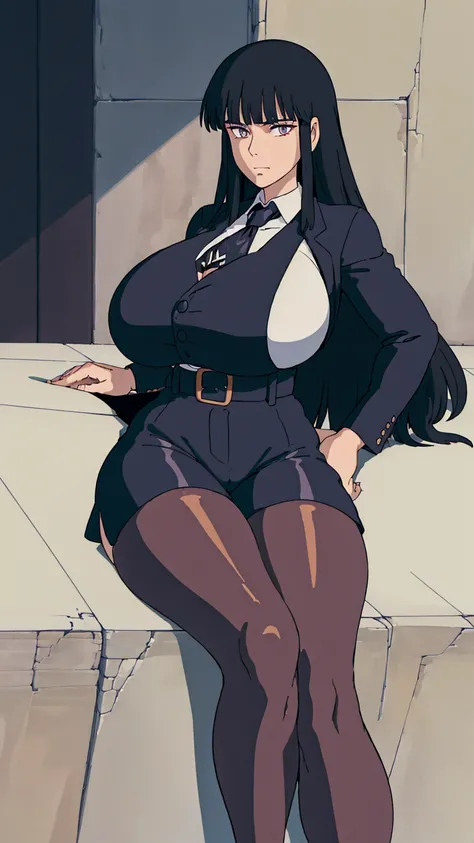 cowboy shot, ghibli style, 1 girl, black hair, long hair, hime cut, breasts, pupil, (detailed eyes:1.2), (tall and slim:1.1), (sensual body), (stocky build:1.1), (gigantic huge breasts), (thick thigh:1.2), huge hip, narrow waist, (black jacket, white shirt...