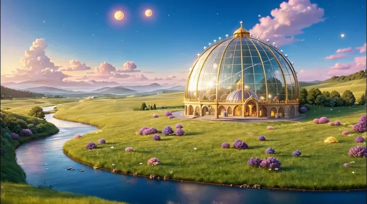  Cinematic Night Scene Transition ， Pixar Style Crystal Dome Palace， warm interior lighting ， Moonlit Winding River ， Stars twinkling in the deep blue sky ， Fireflies Dancing on the Grass ， Soft Purple Twilight Clouds ， Golden Dome Reflections on the Water...